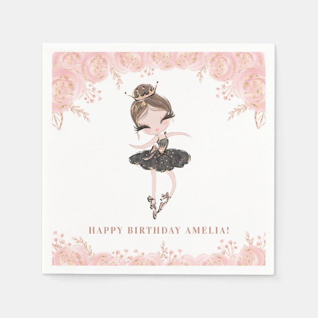 Guardanapo De Papel Brunette Ballerina em Black Dress Floral Birthday (Frente)