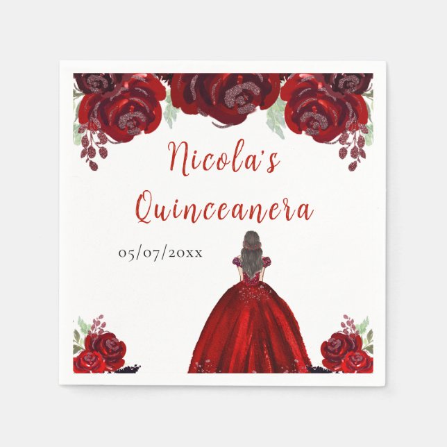 Guardanapo De Papel Brunette Hair Princess Red Floral Quinceanera (Frente)