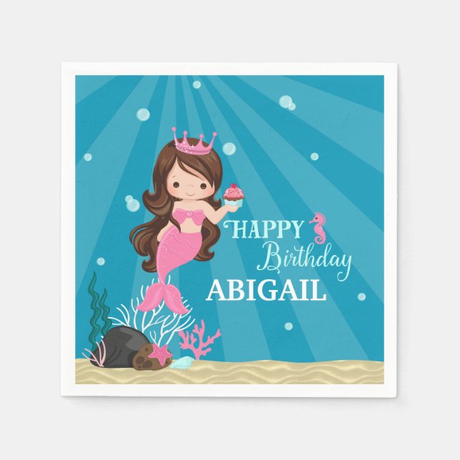 Guardanapo De Papel Brunette Mermaid Birthday (Frente)