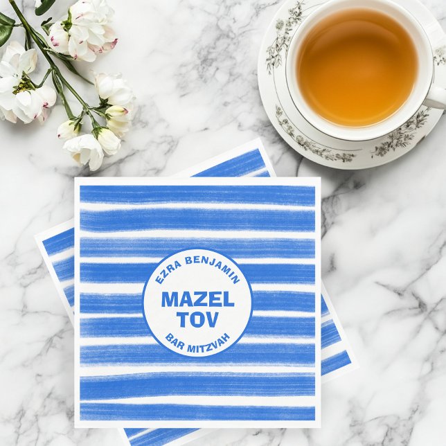 Guardanapo De Papel Brushstrokes Gira Bar Personalizado Azul Bat Mitzv (Brushstrokes Stripes Blue Custom Bar Bat Mitzvah MAZEL TOV Napkins
)