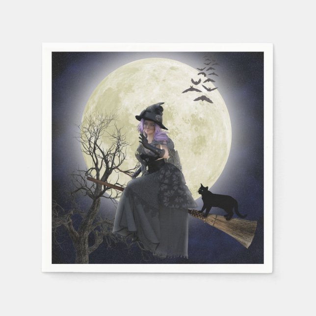 Guardanapo De Papel Bruxa de Halloween, Gato Negro, Morcegos e Lua Che (Frente)
