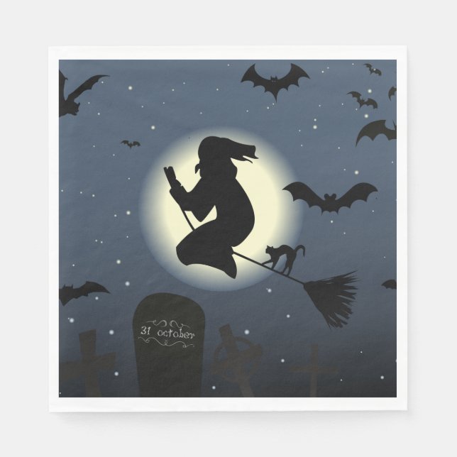 Guardanapo De Papel Bruxa, gato preto e morcegos (Frente)