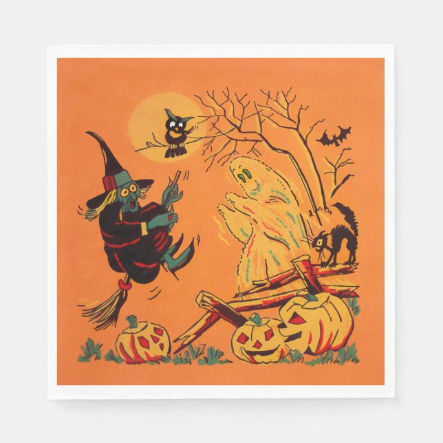 Guardanapo De Papel Bruxa Laranja Retro Halloween  (Frente)