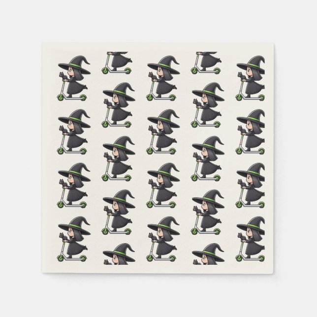 Guardanapo De Papel Bruxa Rapariga com Gato soltando um Patinete (Frente)