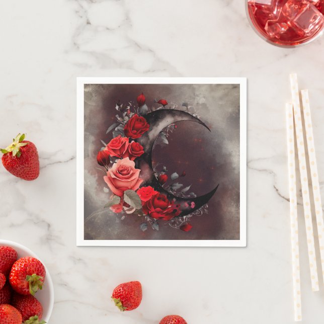 Guardanapo De Papel Bruxaria | Moon Crescente com Rosas vermelhas Góti (Insitu)