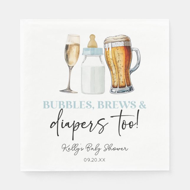 Guardanapo De Papel Bubbles Brews and Diapers Too! Baby Shower (Frente)
