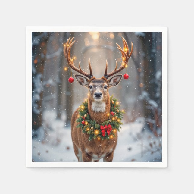 Guardanapo De Papel Buck In Snowflakes Wearing a Holiday Wreath (Frente)