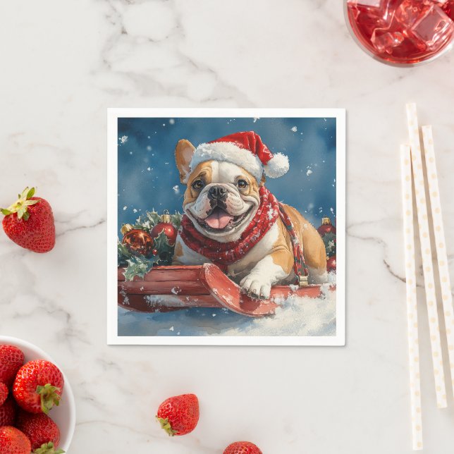 Guardanapo De Papel Buldogue em Sledge Deixe-o nevar Natal (Insitu)