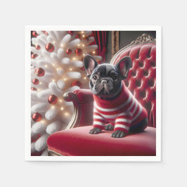 Guardanapo De Papel Buldogue Francês De Natal Na Cadeira Vermelha