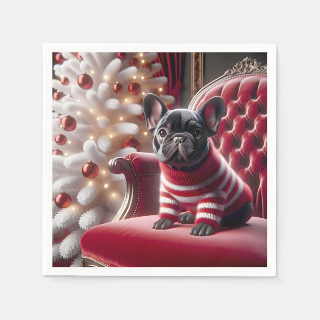 Guardanapo De Papel Buldogue Francês De Natal Na Cadeira Vermelha (Frente)
