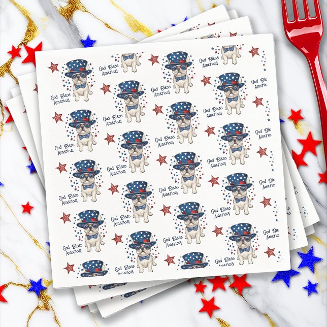 Guardanapo De Papel Buldogue francês Whimsical Patriotic Red Blue (French Bulldog Whimsical Patriotic Red White Blue Napkins)