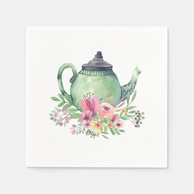 Guardanapo De Papel Bule de Aquarela Verde e Floral (Frente)