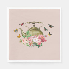 Guardanapo De Papel Bule de Chá Festa Rosa Floral e Borboletas