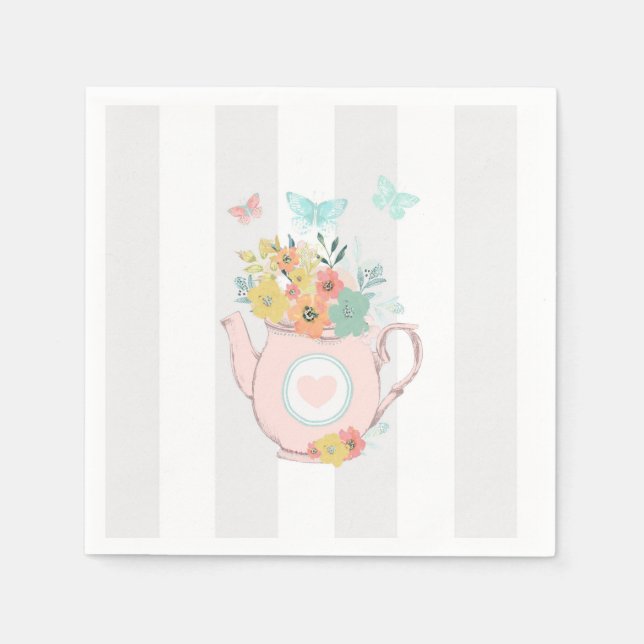 Guardanapo De Papel Bule de Chá Rosa com Flores & Borboletas (Frente)