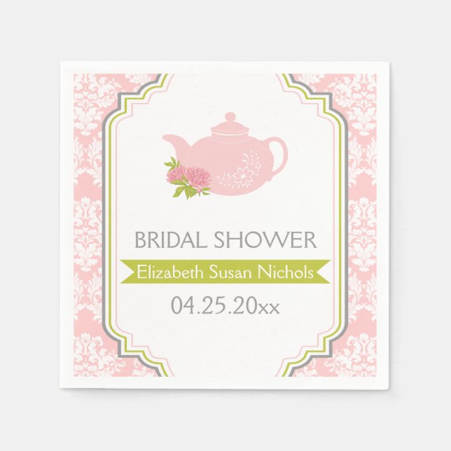 Guardanapo De Papel Bule de chá, rosa úmido, casamento verde (Frente)
