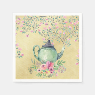 Guardanapo De Papel Bule elegante e flores da aguarela Dourados