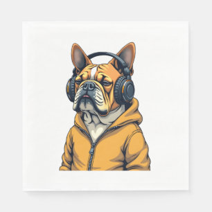 Guardanapo De Papel Bulldog Antigo de Headphones Vestindo Capuz Música