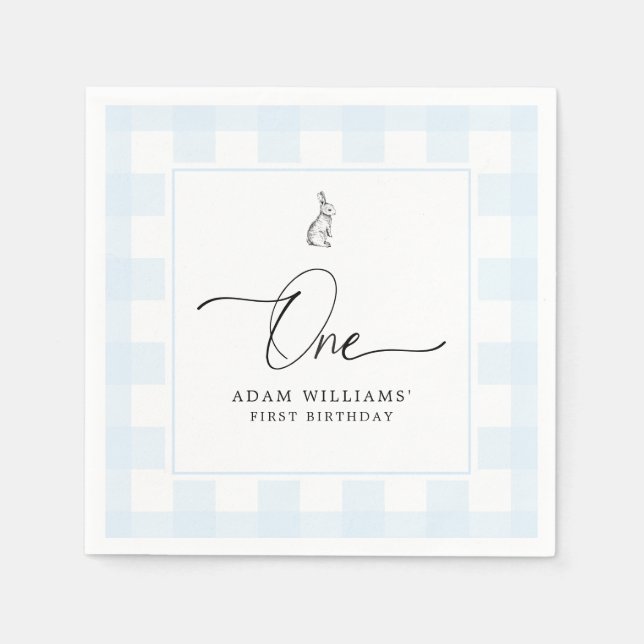 Guardanapo De Papel Bunny Blue Gingham Primeiro Livro de Aniversário N (Frente)