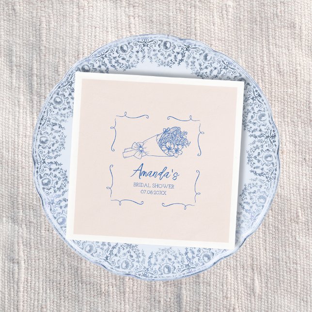 Guardanapo De Papel Buquê de Flor Chá de panela Azul de Mão Desenho (Flower Bouquet Blue Hand Drawn Bridal Shower Napkins)