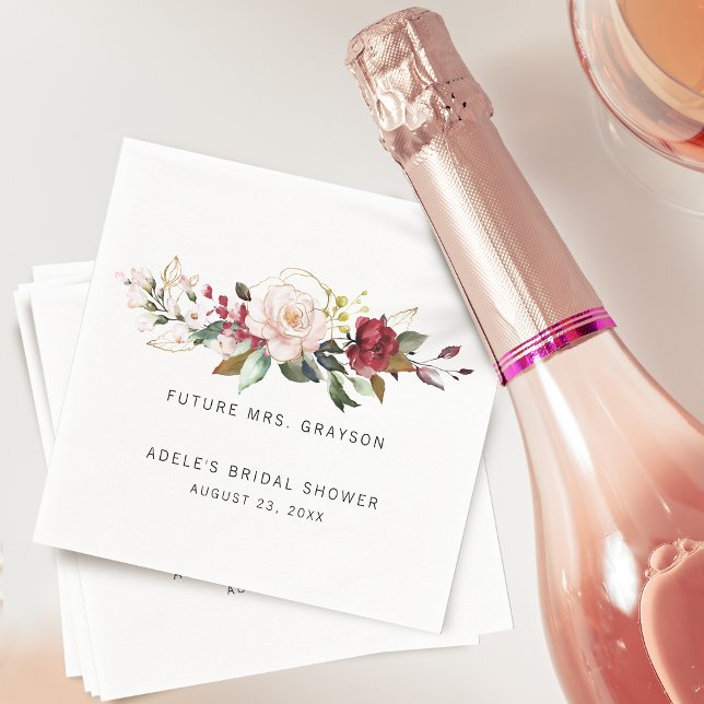 Guardanapo De Papel Buquê De Flores Rosa Borgonha Dourada Noiva Chuvei (Gold Burgundy Rose Floral Bouquet Bridal Shower Napkins)