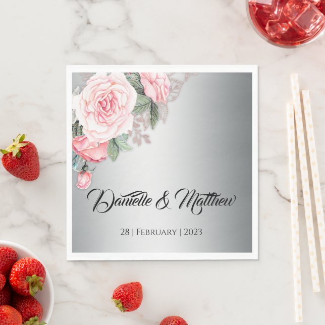 Guardanapo De Papel Buquê Floral Rosa no Casamento Silver Luxurioso (Insitu)