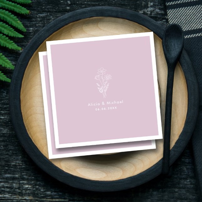 Guardanapo De Papel Buquê Lilac Da Linha De Arte Floral Branco (Personalized Whimsical Floral in Lilac Wedding Napkins)