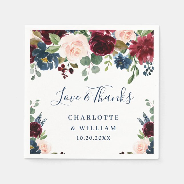 Guardanapo De Papel Burgundy Azul Marinho Bege Floral Rústico Festa (Frente)