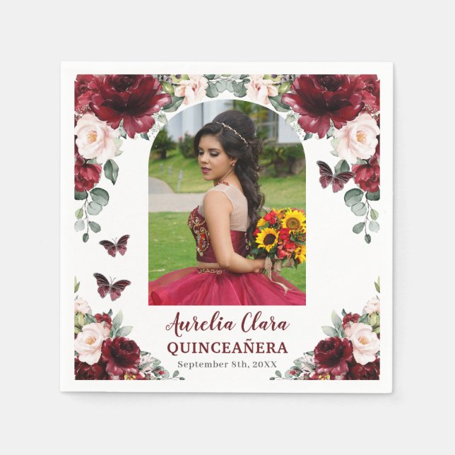 Guardanapo De Papel Burgundy Blush Floral Butterfly Quinceañera Foto (Frente)