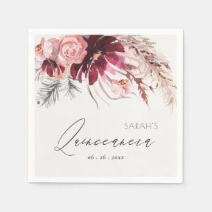 Guardanapo De Papel Burgundy Blush Floral Pampas Grass Quinceanera
