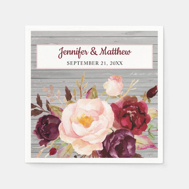 Guardanapo De Papel Burgundy Blush Floral Rustic WedPaper (Frente)