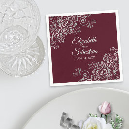 Guardanapo De Papel Burgundy com Casamento Elegante Silver Frils