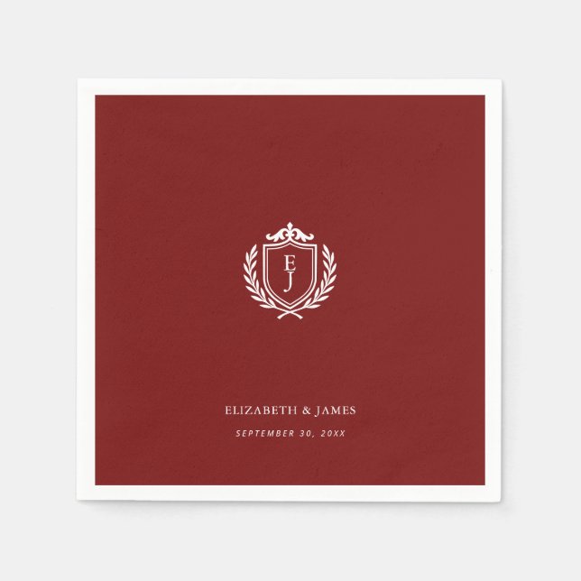 Guardanapo De Papel Burgundy Crest Wedding Welcome, Custom Initials (Frente)