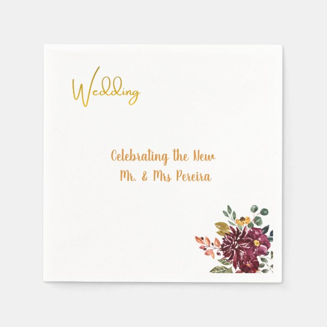 Guardanapo De Papel Burgundy Floral & Gold Script Wedding (Frente)