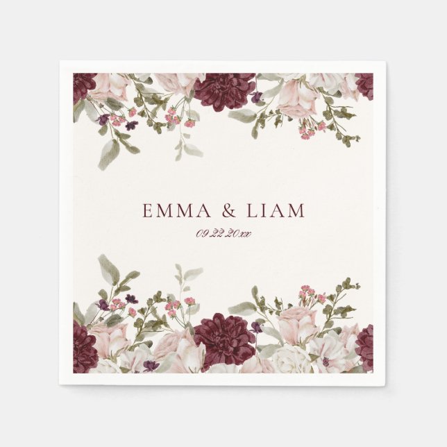Guardanapo De Papel Burgundy Floral Wedding Cocktail Napkins (Frente)