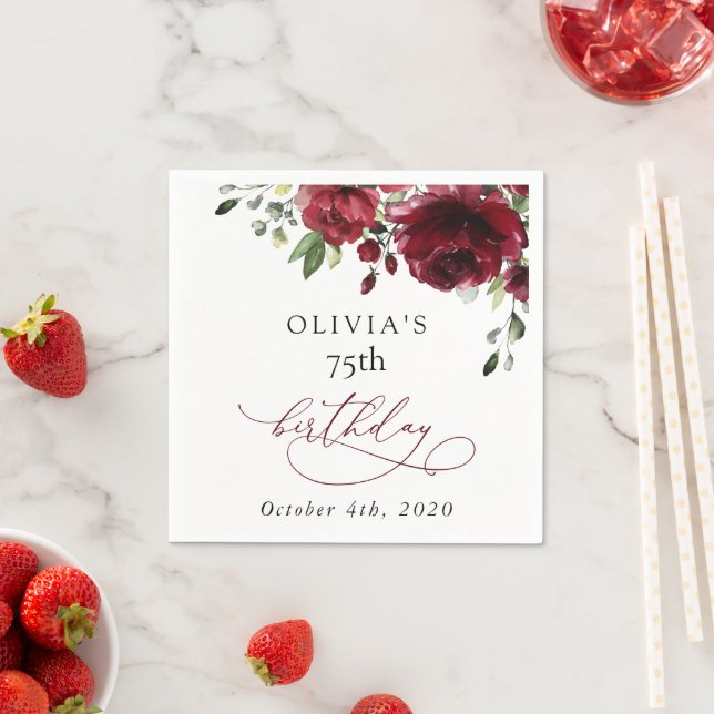 Guardanapo De Papel Burgundy Flowers, Red Flowers, Greenery, Birthday (Insitu)