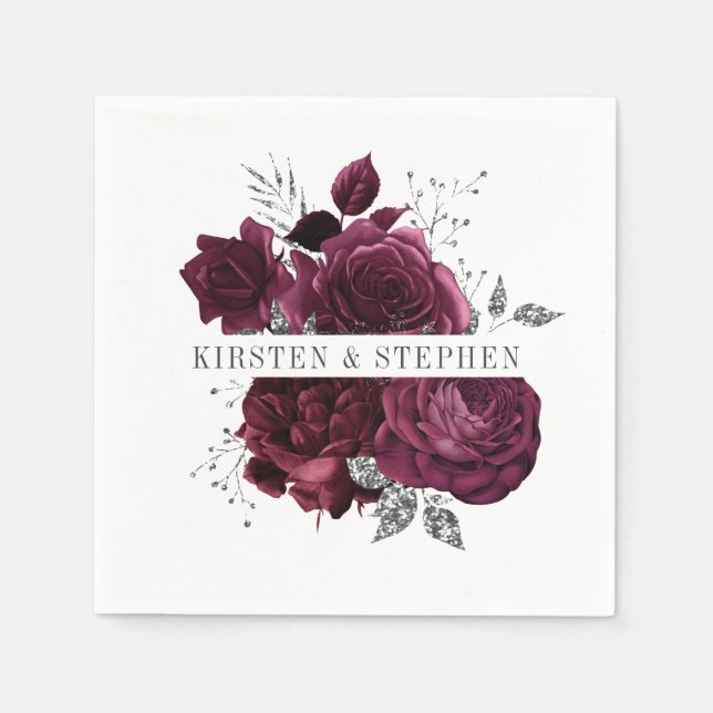 Guardanapo De Papel Burgundy Maroon e Silver Floral Wedktail (Frente)