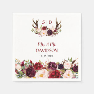 Guardanapo De Papel Burgundy Marsala Floral Antlers Monogramas