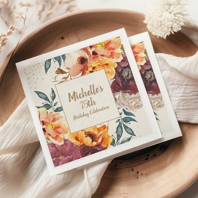 Guardanapo De Papel Burgundy Orange Floral Dourada Glitter 75º Anivers (Orange and burgundy watercolor floral 75th birthday party paper napkins)