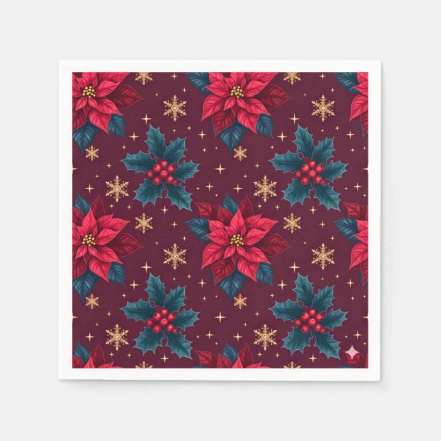 Guardanapo De Papel Burgundy Poinsettia & Gold Snowflake  (Frente)