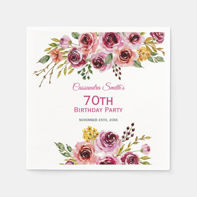 Guardanapo De Papel Burgundy Purple Rosa Rustic Floral Birday (Frente)