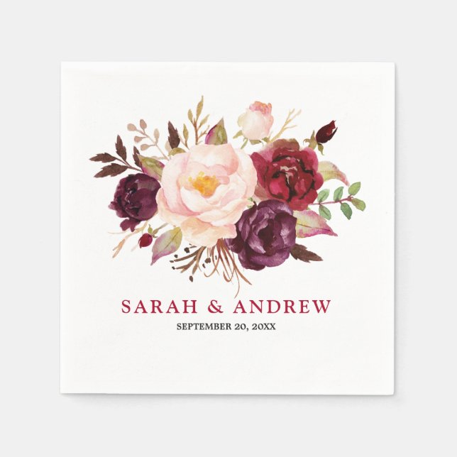 Guardanapo De Papel Burgundy Red Floral Boho Paper Napkin (Frente)