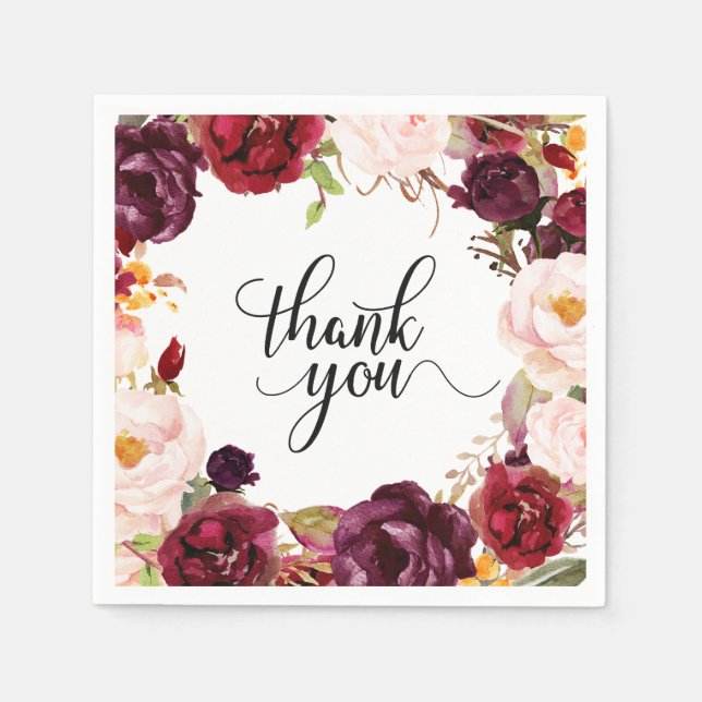 Guardanapo De Papel Burgundy Red Floral Boho Paper Napkin (Frente)