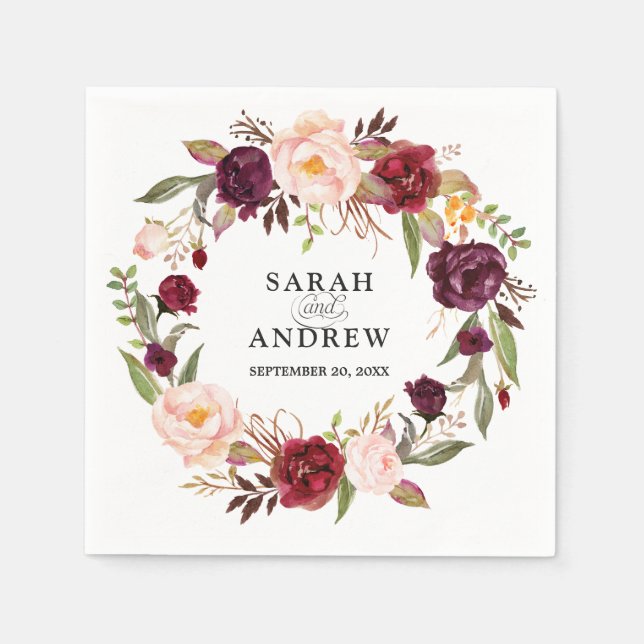 Guardanapo De Papel Burgundy Red Floral Boho Paper Napkin (Frente)