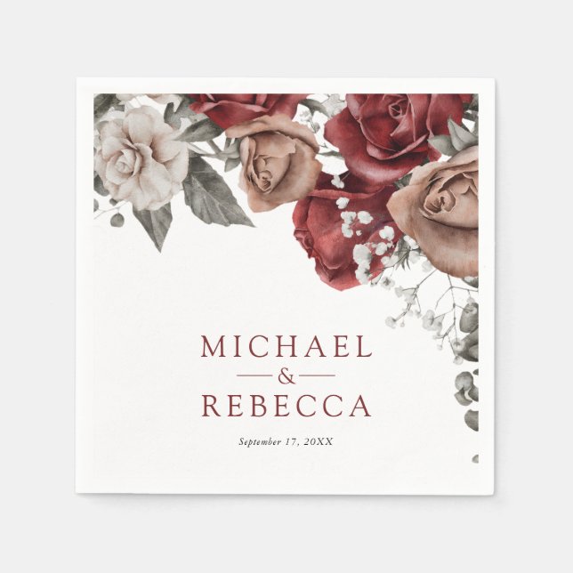 Guardanapo De Papel Burgundy Red Roses Floral Wedding (Frente)