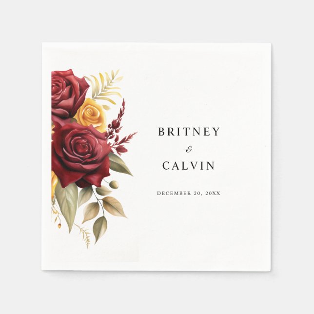 Guardanapo De Papel Burgundy Red Yellow Roses Floral Elegante Casament (Frente)