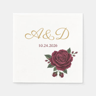 Guardanapo De Papel Burgundy Rose and Gold Foil Wedding Monogram Napki