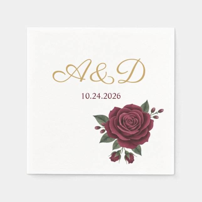 Guardanapo De Papel Burgundy Rose and Gold Foil Wedding Monogram Napki (Frente)