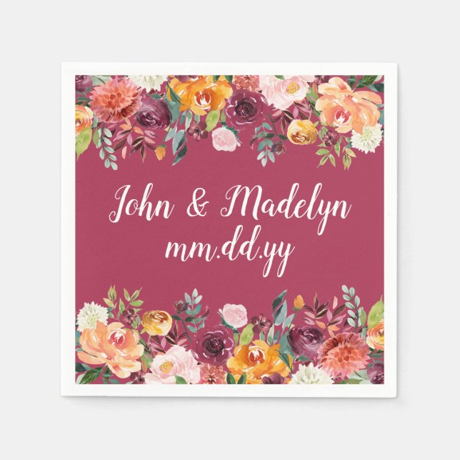 Guardanapo De Papel Burgundy Wedette Serviette Personalizada Floral (Frente)