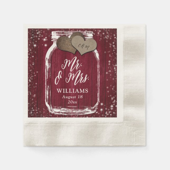 Guardanapo De Papel Burgundy Wood Mason Jar Sr. & Sra. Wedding (Frente)