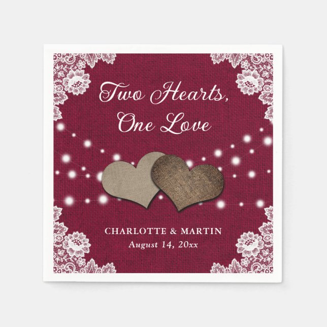 Guardanapo De Papel Burlap Hearts Lace Rustic Burgundy Casamento Napki (Frente)